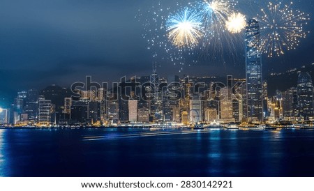 Stunning 3D render featuring the iconic Hong Kong skyline illuminated by spectacular fireworks over the water at night, showcasing a beautiful city backdrop.