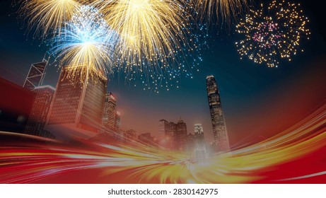 Stunning 3D render showcasing a dynamic Hong Kong skyline illuminated by brilliant fireworks against a dark sky, creating a spectacular and energetic visual effect.