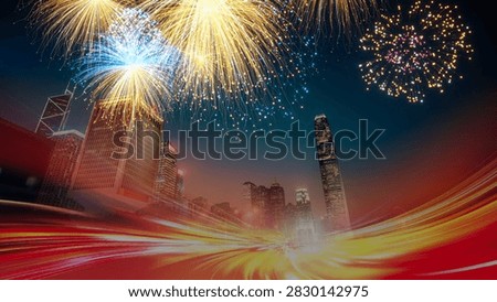 Stunning 3D render showcasing a dynamic Hong Kong skyline illuminated by brilliant fireworks against a dark sky, creating a spectacular and energetic visual effect.