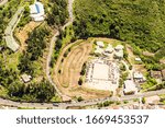 Stunning aerial shot captures a vibrant public event in Banos de Agua Santa,Tungurahua Province,Ecuador,at a breathtaking high altitude.