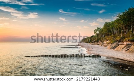 Stunning aerial view of beach at sunset, Baltic Sea, Poland