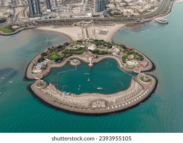 A stunning aerial view of Green island in Kuwait City along the beach