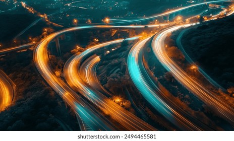 Stunning aerial view of illuminated highway light trails at night, showcasing dynamic movement and urban landscape. Perfect for concepts of speed, transportation, and modern infrastructure. - Powered by Shutterstock