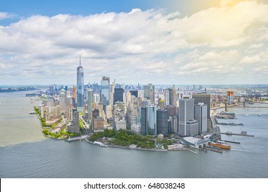 Stunning aerial view of lower Manhattan Skyline on a sunny day, New York City