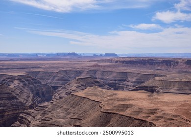 Stunning aerial view from Muley Point, Utah, showcasing the rugged landscape of the desert and the Valley of the Gods. The image captures the vast desert scenery under a clear blue sky - USA - Powered by Shutterstock