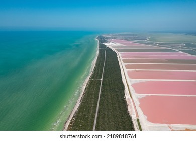 Asombrosa vista aérea de estanques de sal rosa en Río Lagartos, Cancún, México