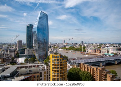 Stunning Aerial View Of The River Thames In London With Blackfriars Bridge And A Futuristic Looking Skyscraper In The Shape Of A Vase. Cityscape Of London Southwark.