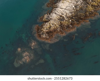 A stunning aerial view of the rocky coastline and clear waters of Vancouver Island, British Columbia, showcasing natural beauty and tranquility. Perfect for travel and nature concept themes. - Powered by Shutterstock