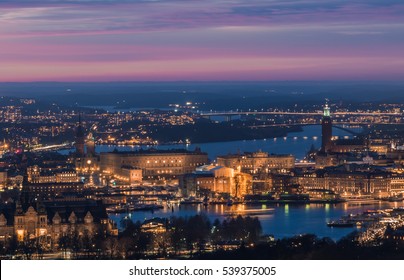 Stunning aerial view of Stockholm city center at night.