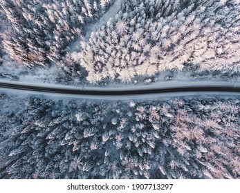 Stunning aerial view of the winter forest highway, concept of adventure and outdoor travel