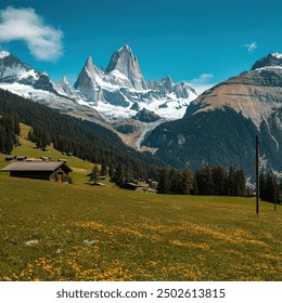 stunning alpine landscape featuring towering snow-capped mountains under a clear blue sky. In the foreground, lush green meadows dotted with yellow wildflowers stretch out. - Powered by Shutterstock