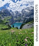 Stunning alpine landscape with vibrant wildflowers, majestic mountain range and a turquoise lake nestled between towering cliffs