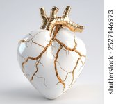 A stunning artistic representation of a heart with gold veins accentuating a glossy white surface. The sculpture symbolizes strength and beauty through imperfection.