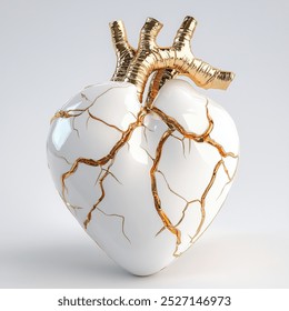 A stunning artistic representation of a heart with gold veins accentuating a glossy white surface. The sculpture symbolizes strength and beauty through imperfection. - Powered by Shutterstock