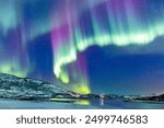 Stunning aurora borealis lights up the night sky with vibrant colors, creating a mesmerizing natural display in the Arctic wilderness.