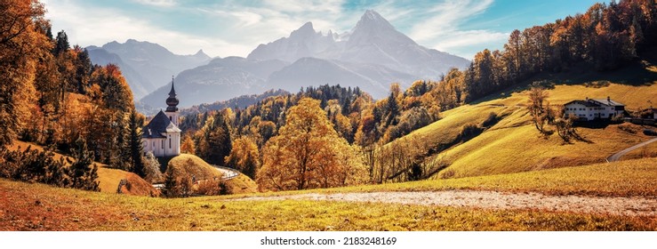 Stunning Autumn Landscape. Scenic View On Maria Gern Church With Mountains On Background. Vivid Atmospheric Nature Scenery. Natural Background. Iconic Location For Landscape Photographers.
Formats