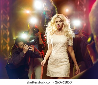 Stunning blonde beauty and press photographers