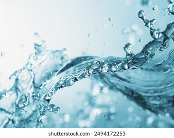 A stunning capture of clear blue water splashing, showcasing the beauty and vitality of moving water droplets. Perfect for advertisements and publications related to nature and purity.