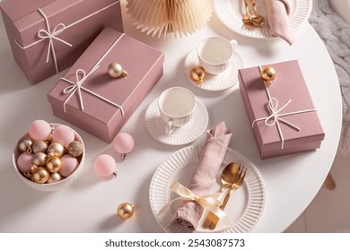 Stunning Christmas tableware for two surrounded by Christmas decorations. Cozy winter composition with decorations. - Powered by Shutterstock