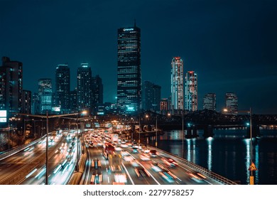 Stunning City Night View with Beautiful Traffic Flow along Han River in South Korea