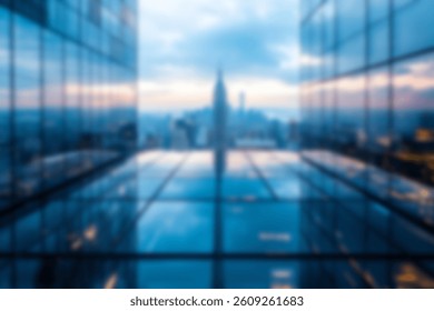 A stunning cityscape is framed by two glass buildings creating a unique perspective and reflection.