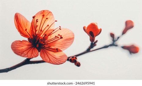 A stunning close-up photograph of a blooming red flower on a thin branch, with buds beginning to open.  - Powered by Shutterstock