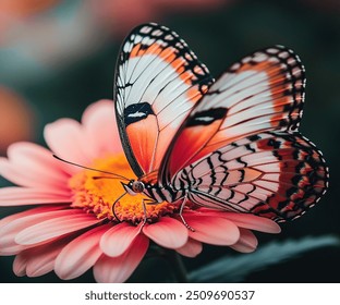 A stunning close-up photograph capturing the delicate beauty of a butterfly resting on a vibrant flower. The intricate patterns on the butterfly's wings are showcased in vivid detail - Powered by Shutterstock