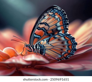 A stunning close-up photograph capturing the delicate beauty of a butterfly resting on a vibrant flower. The intricate patterns on the butterfly's wings are showcased in vivid detail. - Powered by Shutterstock