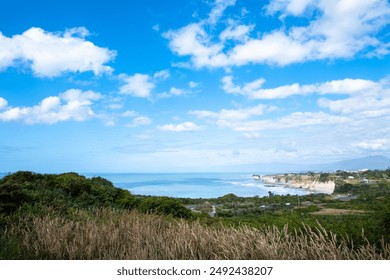Stunning coastal cliffs with lush greenery and a tranquil ocean under a partly cloudy sky. The coastline features rugged cliffs and gentle waves, creating a serene seascape. - Powered by Shutterstock