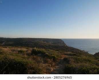Stunning coastal landscape featuring dramatic cliff formations overlooking the calm turquoise sea. The image captures a scenic Mediterranean-style coastline with rocky headlands, native scrub vegetation, and golden afternoon light. Clear blue sky dominates the upper portion, creating excellent composition for travel, tourism, and environmental content. The natural terrain shows Mediterranean flora with dry grasses and low shrubs typical of coastal regions. Perfect for travel guides, tourism websites, environmental publications, and lifestyle imagery.