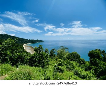 Stunning coastal view featuring a pristine beach, clear blue waters, and dense forested hills under a bright sky. - Powered by Shutterstock