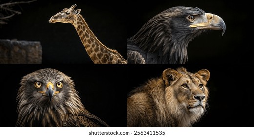 A stunning collection featuring a giraffe, eagle, and lion, emphasizing their majestic beauty and distinct characteristics.