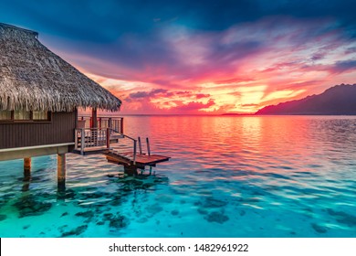 Stunning colorful sunset sky on the horizon of Moorea, the South Pacific Ocean.  