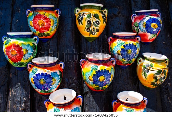 Stunning Coloured Handmade Decorative Spanish Pots Stock Photo