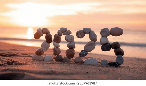 A stunning display of colorful stones arranged to form the year 2025 on a sandy beach, illuminated by a warm sunset. Waves gently lap at the shore, creating a serene atmosphere. - Powered by Shutterstock