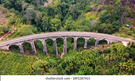 Stunning Drone View of the Demodara Nine Arches Railway Bridge Near Ella Town in Sri Lanka