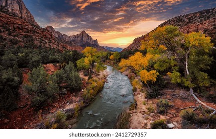 Stunning Fall Sunset on the Watchman in Zion Canyon, Zion National Park, Utah - Powered by Shutterstock