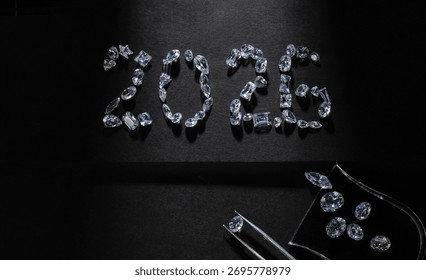 Stunning flat lay composition of the number 2026, carefully formed with natural sparkling diamonds on black background.