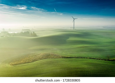 Stunning Foggy Sunrise Over Green Hills, View From Above