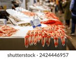 Stunning Fresh fish and seafood stall in The Central Market of Cadiz. It is the oldest covered market in Spain.