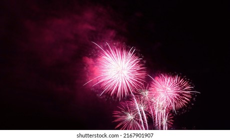 Stunning fuchsia pink fireworks exploding into the city night sky