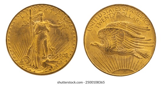 A stunning gold coin from 1908 showcases the iconic Walking Liberty on one side and a soaring eagle on the reverse.  - Powered by Shutterstock