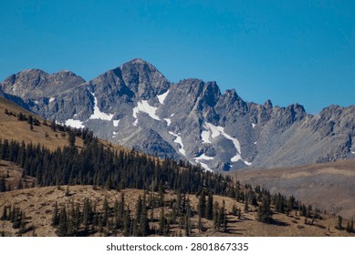 Stunning high-angle panoramic view of Mount Fletcher, a rugged high thirteener in the Tenmile Range of Colorado, featuring dramatic rocky peaks and snow-filled couloirs above a dense pine forest under a clear blue sky seen from Boreas Pass Road