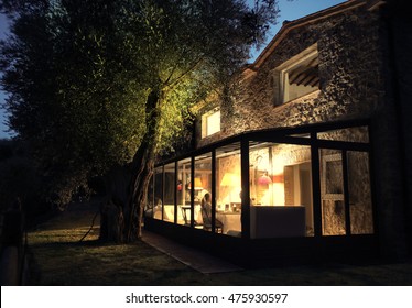 Stunning House With Sun Porch At Night