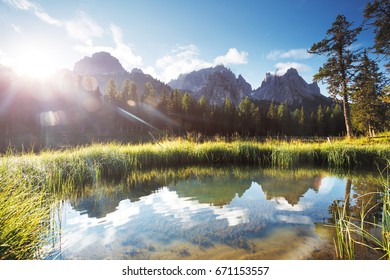 Stunning image of the Antorno lake in National Park Tre Cime di Lavaredo. Picturesque day and gorgeous picture. Location Auronzo, Misurina, Dolomiti alps, South Tyrol, Italy, Europe. Beauty world.