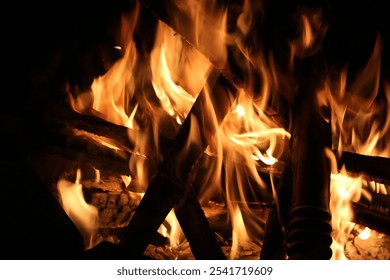 Stunning image of burning embers in fire with charred pieces of wood