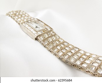 Stunning Ladies Diamond Wrist Watch On White Satin