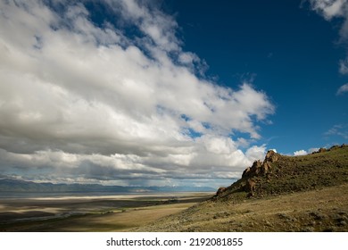 A Stunning Landscape Of Antelope Island State Park In The US State Of Utah Under A Cloudy Sky 