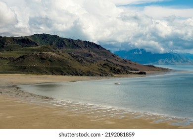 A Stunning Landscape Of Antelope Island State Park In The US State Of Utah Under A Cloudy Sky 