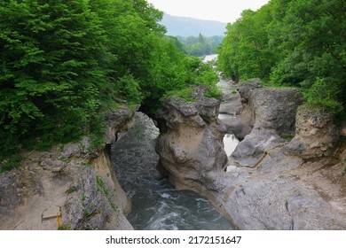 Stunning landscape in the Khadzhokh gorge. The narrow part of the gorge and the Belaya River. Kamennomostsky canyon. Bubbling mountain river Belaya. Adygea. - Shutterstock ID 2172151647